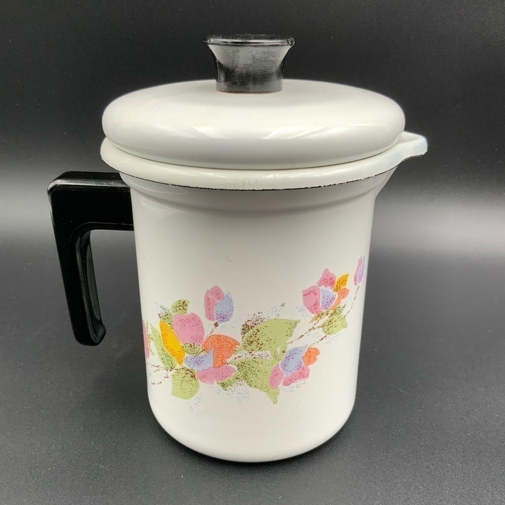 Vintage Mid Century Enamelware Floral Loose Leaf Teapot/Coffee Pot